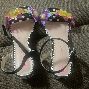 Betsey Johnson Black and White Polka Dot Sandals with Floral Accents